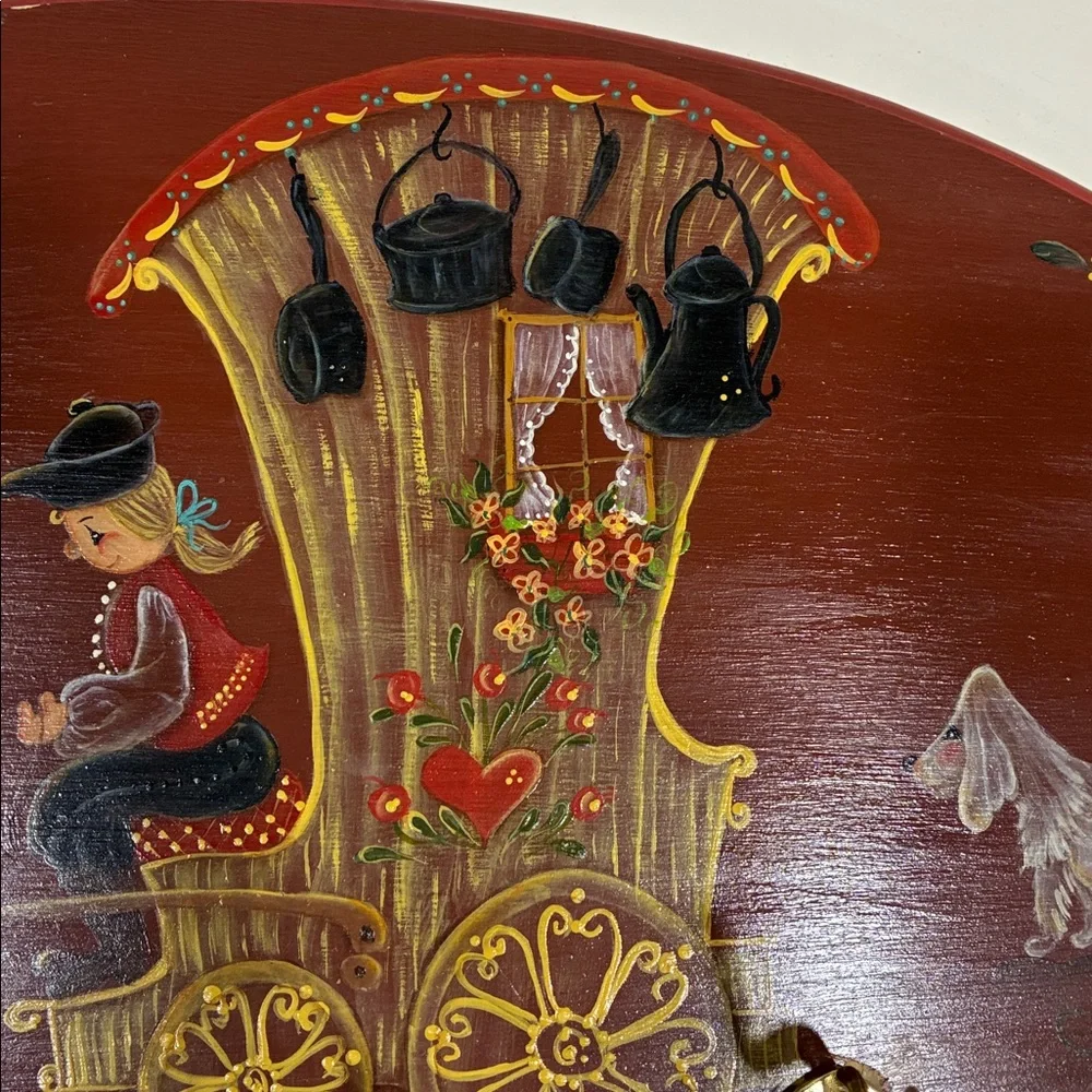 Tole Ware Coat Rack VTG Red Wall Decor W Brass Hooks Painted Colorful Dog Man